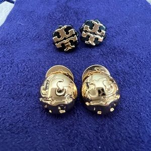 Two Pairs of Tory Burch Logo Stud Earrings Gold Domed Signature Black Resin